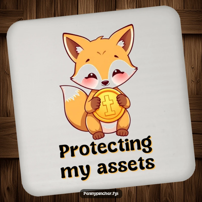Funny drink coasters featuring a proud fox character polishing a shiny gold coin, adding a touch of class.