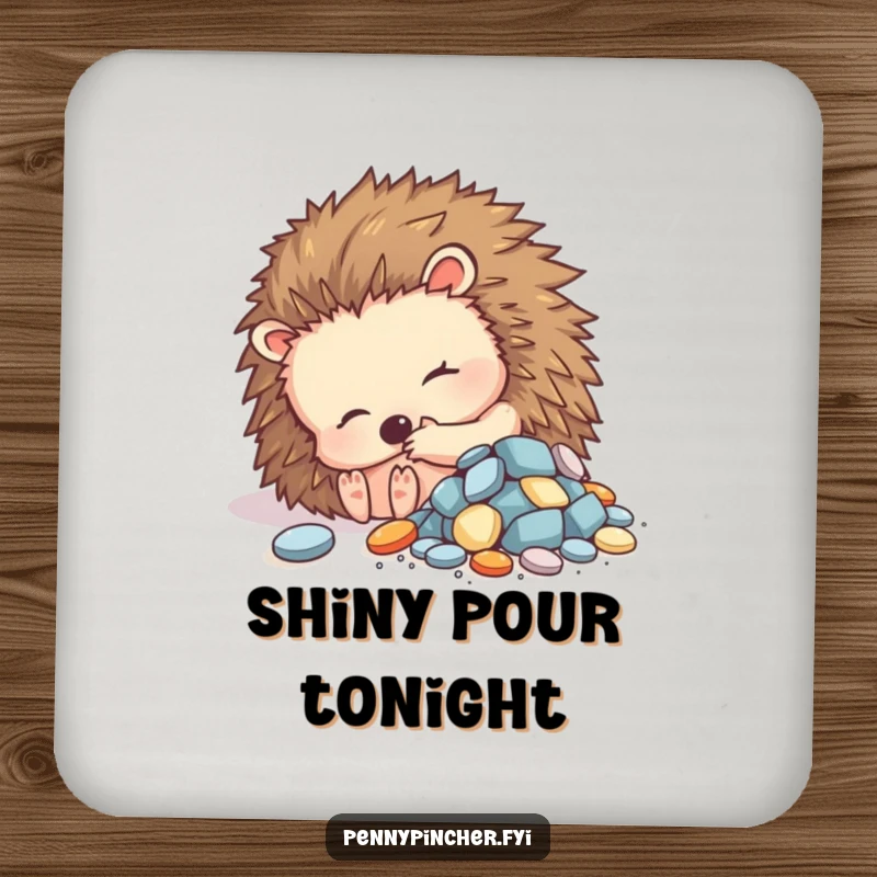 Funny drink coaster featuring a contented hedgehog character curled up beside a small pile of shiny objects, protecting surfaces.