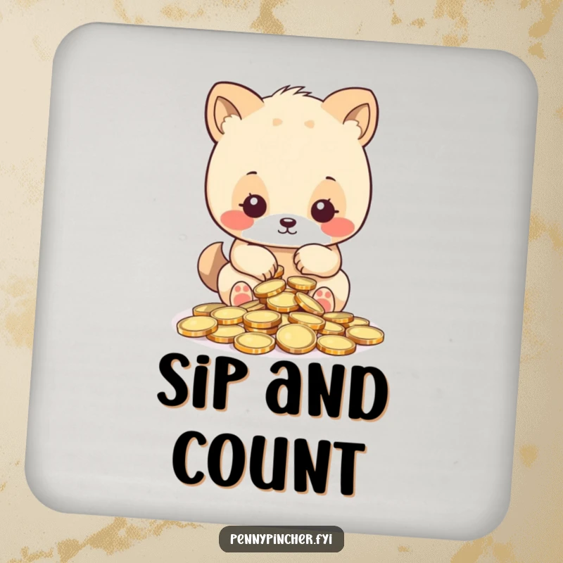 Funny drink coaster, animal character meticulously counting shiny coins, protecting surfaces with a humorous nod to precision.