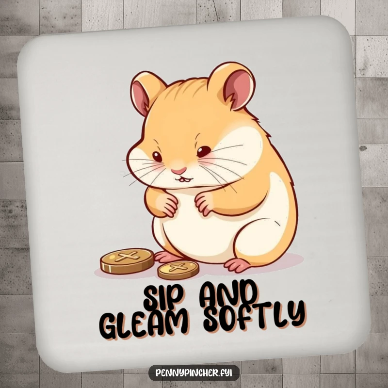 Funny determined hamster polishing a shiny penny, a humorous and charming coaster for drink protection.