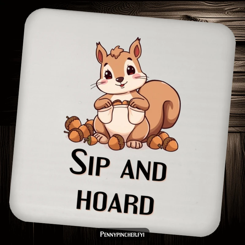 Funny drink coaster with a squirrel character hoarding acorns with comically oversized pockets, adding humor to tabletops.