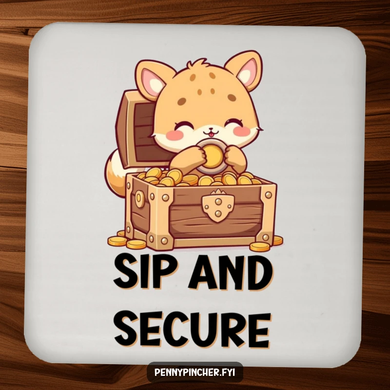Funny animal character coaster featuring a creature carefully locking a treasure chest full of coins, designed to protect surfaces humorously.
