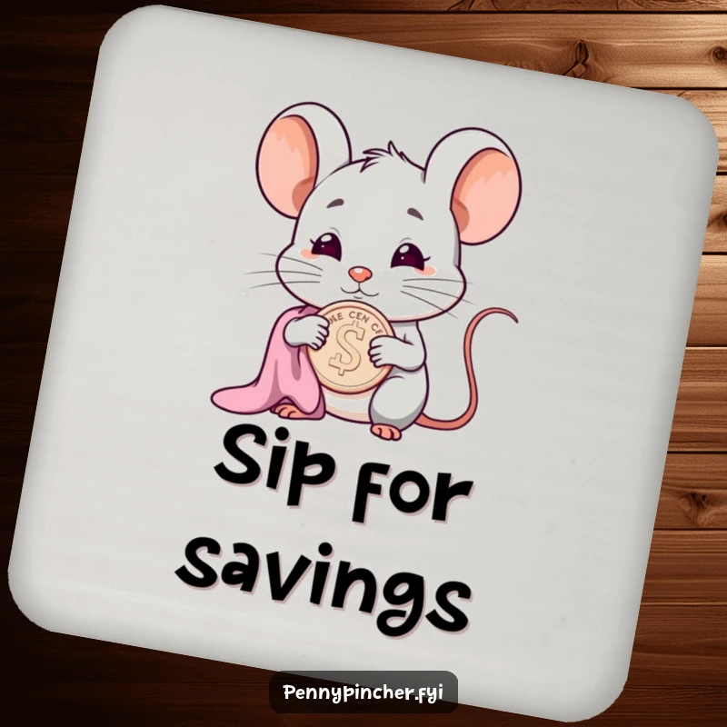 Funny smug mouse character drink coasters, polishing a cent, adding a touch of smugness to your table.