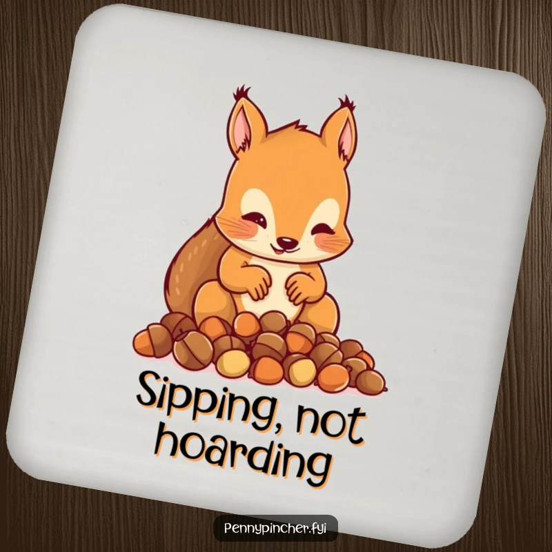 Funny drink coaster featuring a squirrel character meticulously counting a small pile of acorns, looking very diligent.
