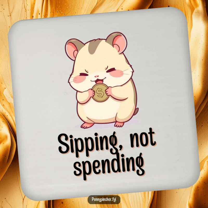 Funny drink coaster featuring a small hamster character nervously clutching a single shiny coin, looking quite vigilant.