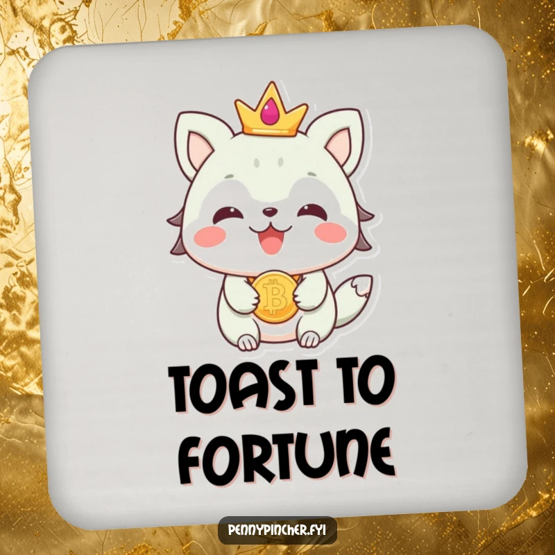 Funny beaming animal character wearing a coin as jewelry on a drink coaster, adding a glamorous accent.