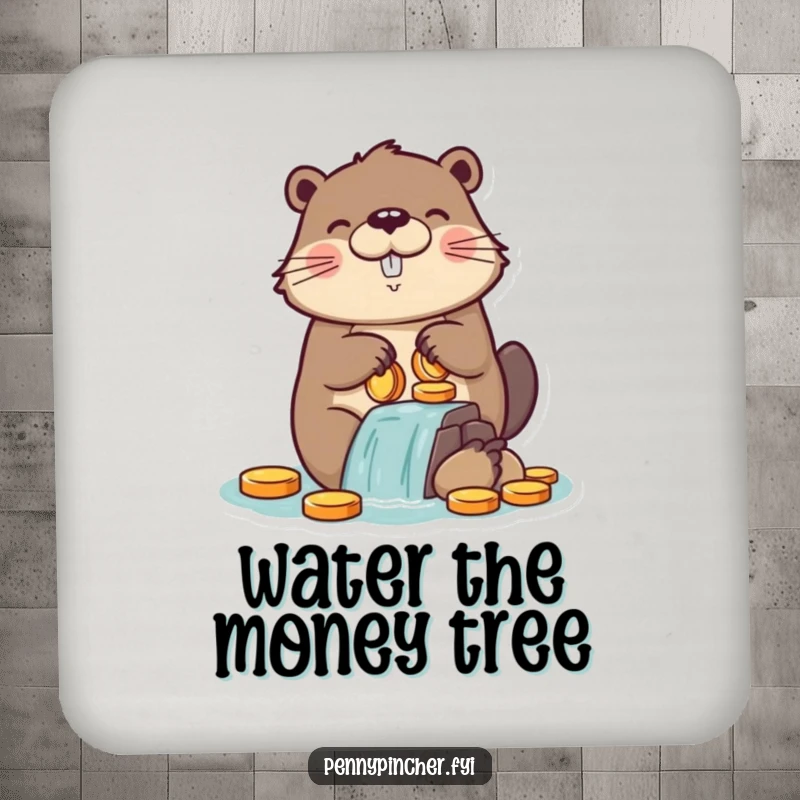 Funny drink coasters showcasing a proud beaver character constructing a dam out of coins, adding a humorous touch to beverage protection.