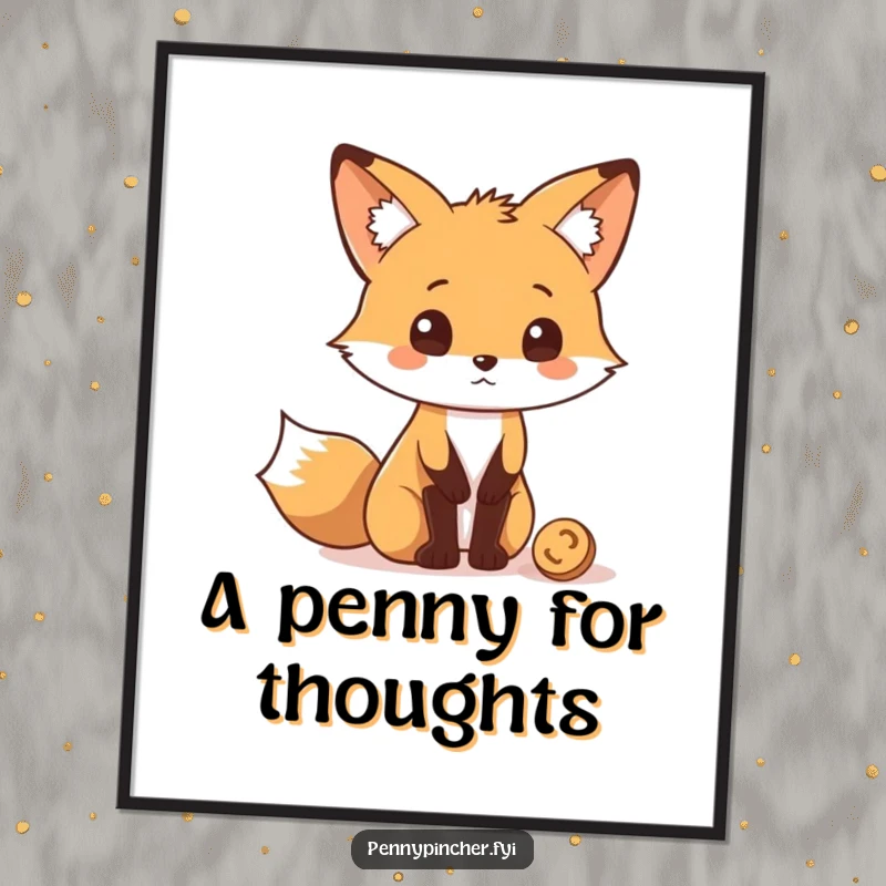 Funny Poster of a fox character looking quizzically at a single coin on the ground, representing curiosity.
