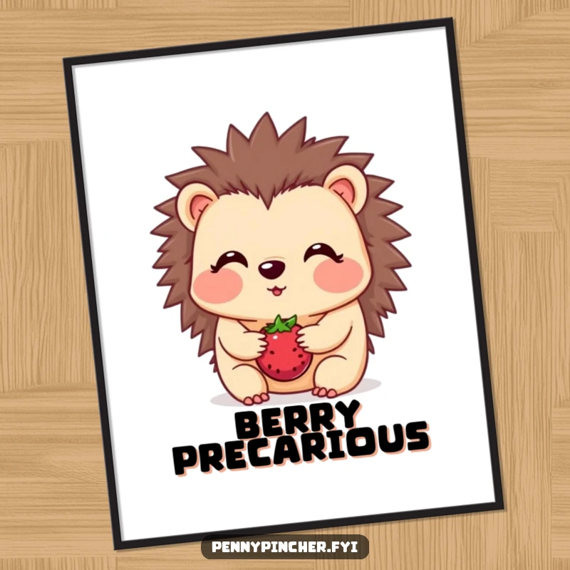 Funny hedgehog poster, a blushing character balancing one berry on its snout, cute and humorous wall art.