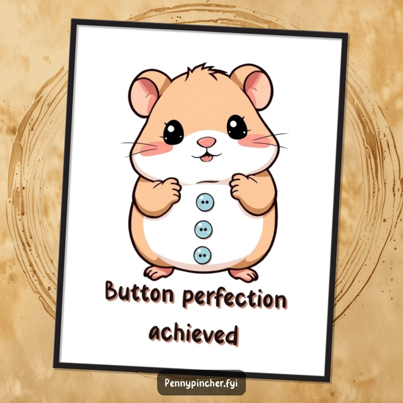 Funny poster print of a meticulous hamster character organizing a large collection of shiny buttons, wall art.