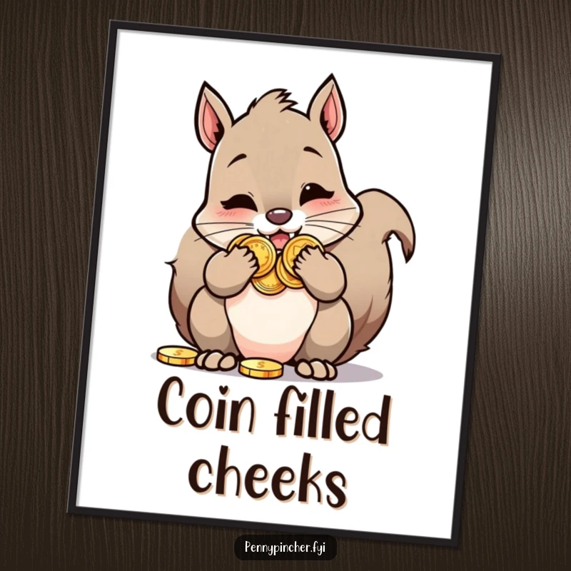Funny Squirrel Poster: A squirrel character comically stuffing its cheeks with a large amount of shiny, oversized coins.
