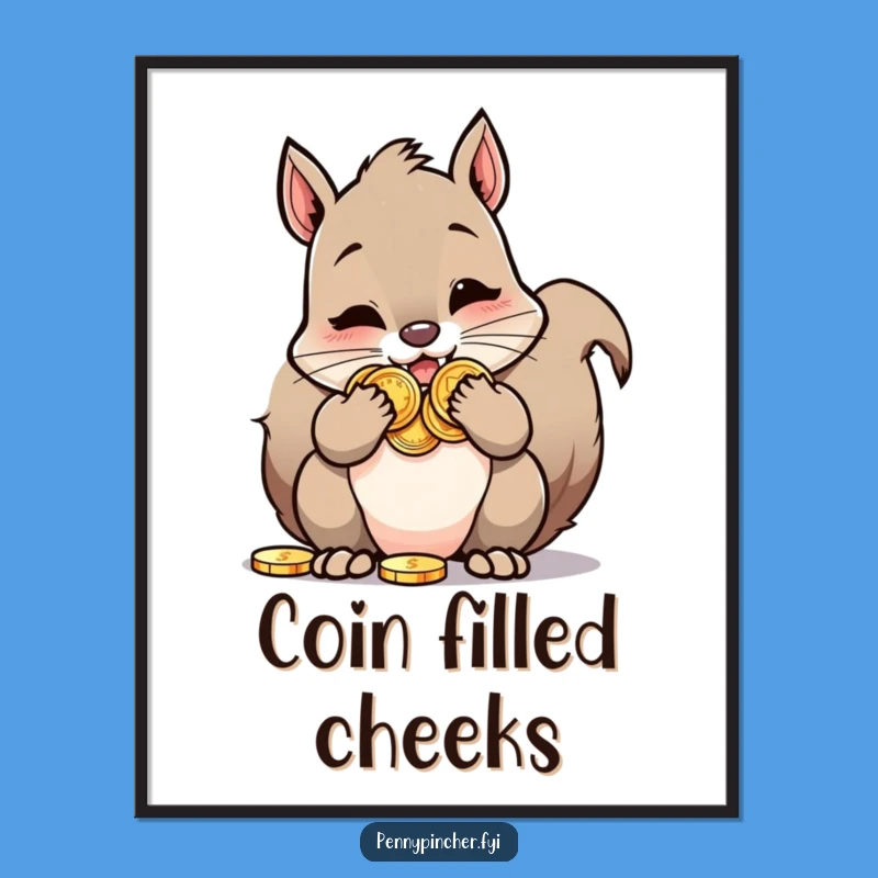 Funny Squirrel Poster: Squirrel w/ coins, perfect wall art funny treasure gift.
