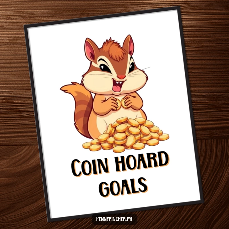 Funny determined chipmunk character poster, hoarding a large pile of coins, exuding ambition and humor.