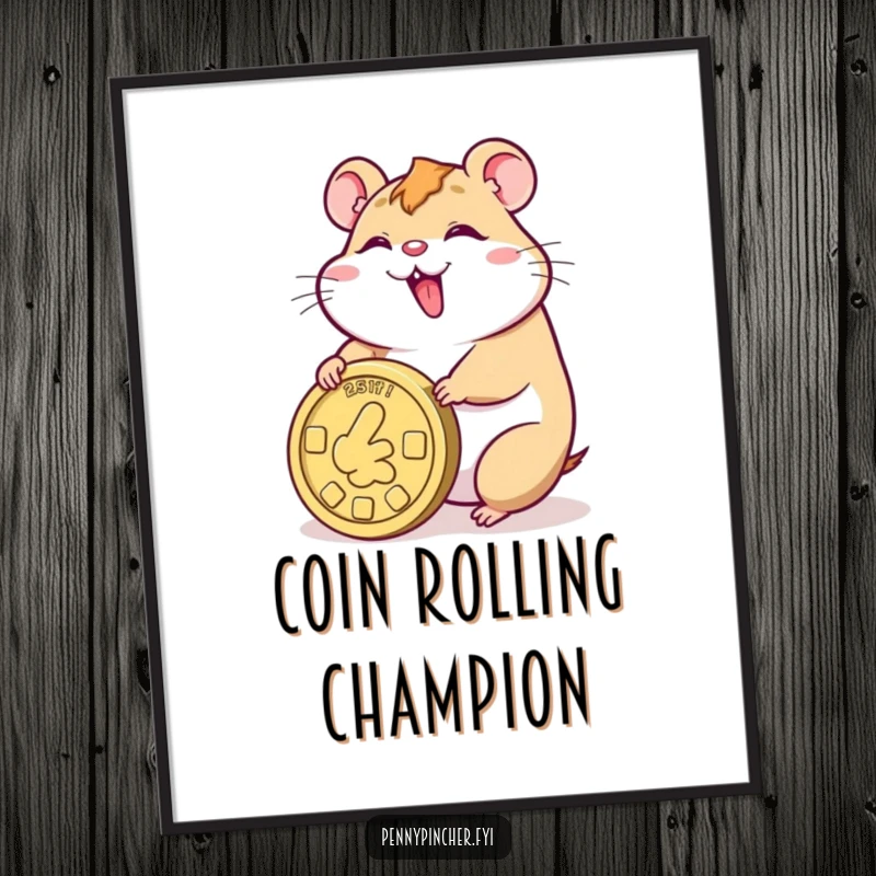 Funny poster of a smiling hamster character happily rolling a giant coin, symbolizing financial success and joy.
