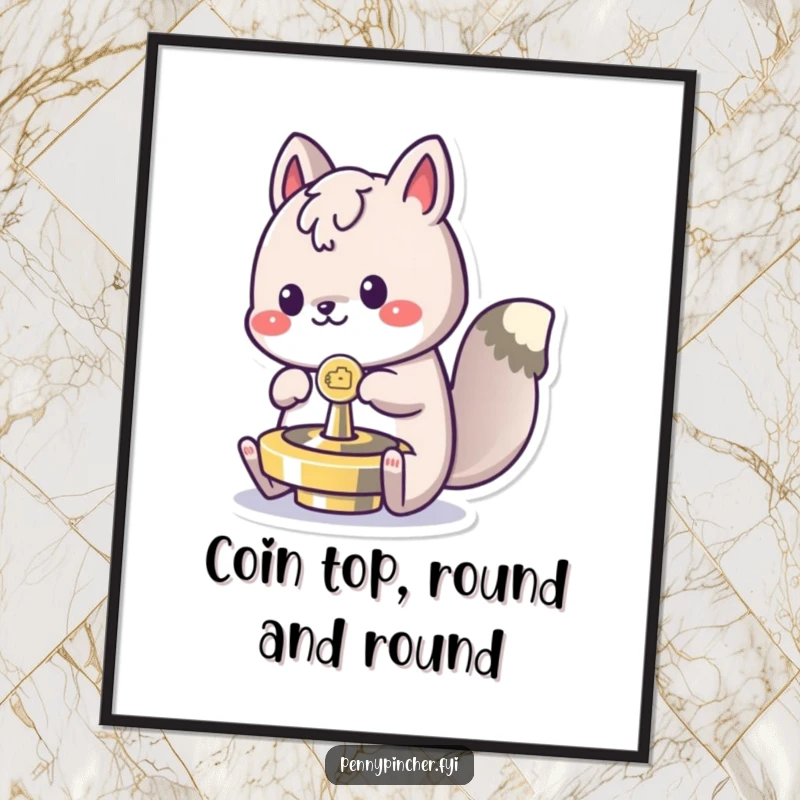 Funny spinning animal poster, joyfully spinning a coin like a top, a humorous and dynamic wall art piece.