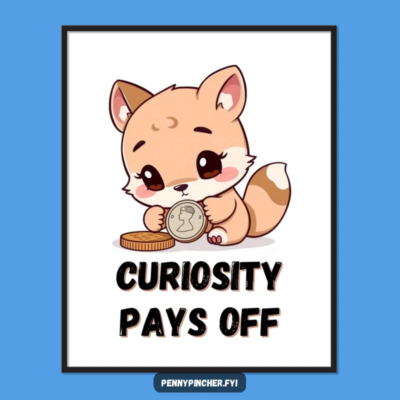 Funny Animal Poster: Curious Coin Inspecting Character Art Print