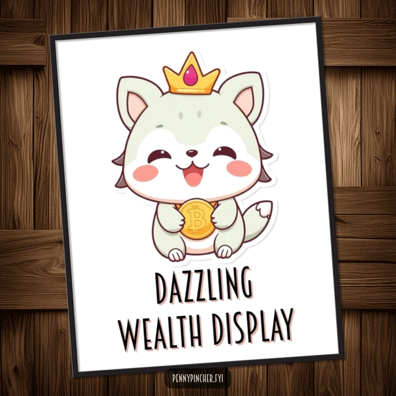 Funny beaming animal character proudly wearing a coin as jewelry, presented as a glamorous poster for stylish decor.