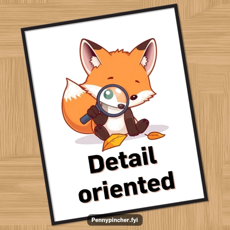 Funny poster print of a focused fox using a magnifying glass to examine the intricate details of a fallen leaf.