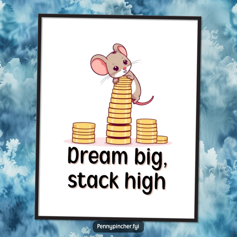 Funny Poster featuring an ambitious mouse carefully stacking coins into a tall, teetering tower.