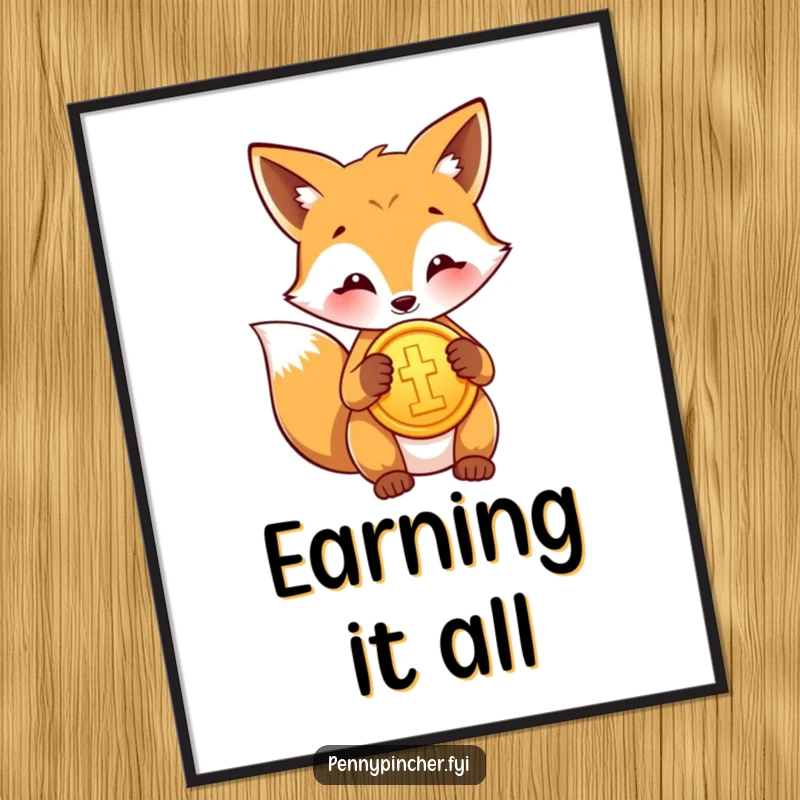 Funny poster print of a proud fox character meticulously polishing a shiny gold coin, radiating wealth and sly humor.