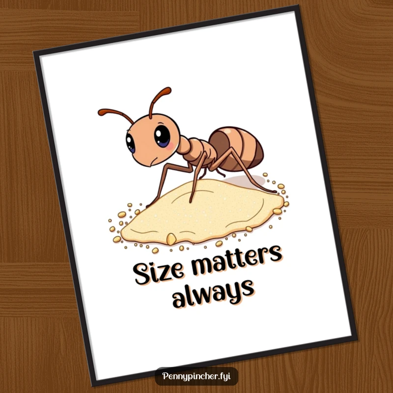 Funny poster print of a diligent ant meticulously sorting grains of sand into size-specific piles.