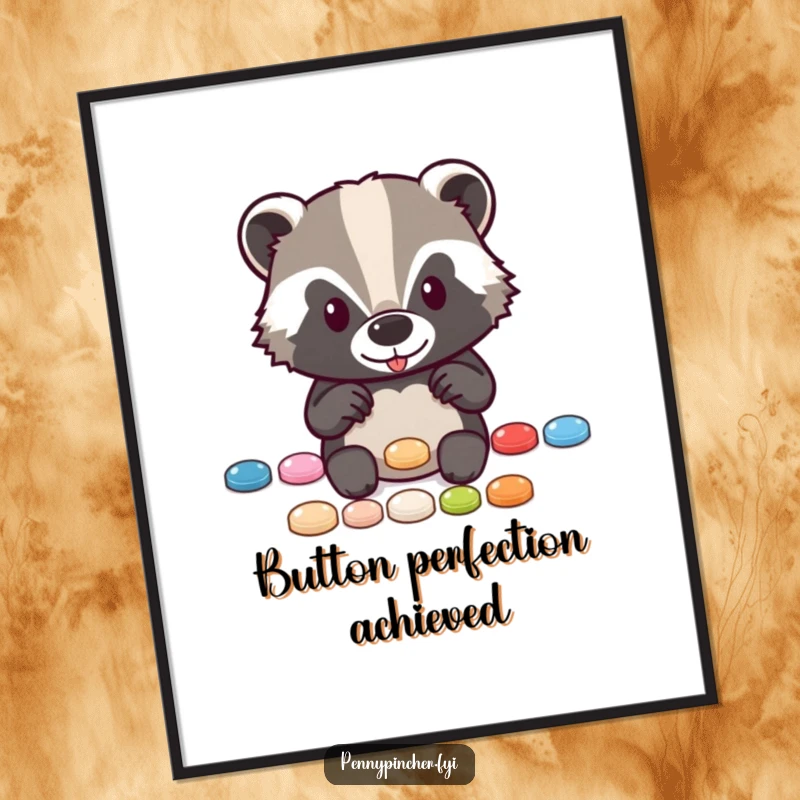 Funny poster of a diligent badger character meticulously arranging a neat row of shiny buttons, adding character to any room.