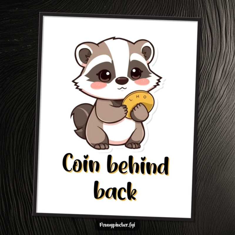 Funny Badger Poster: A cautious badger character slyly hiding a single shiny coin behind its back.