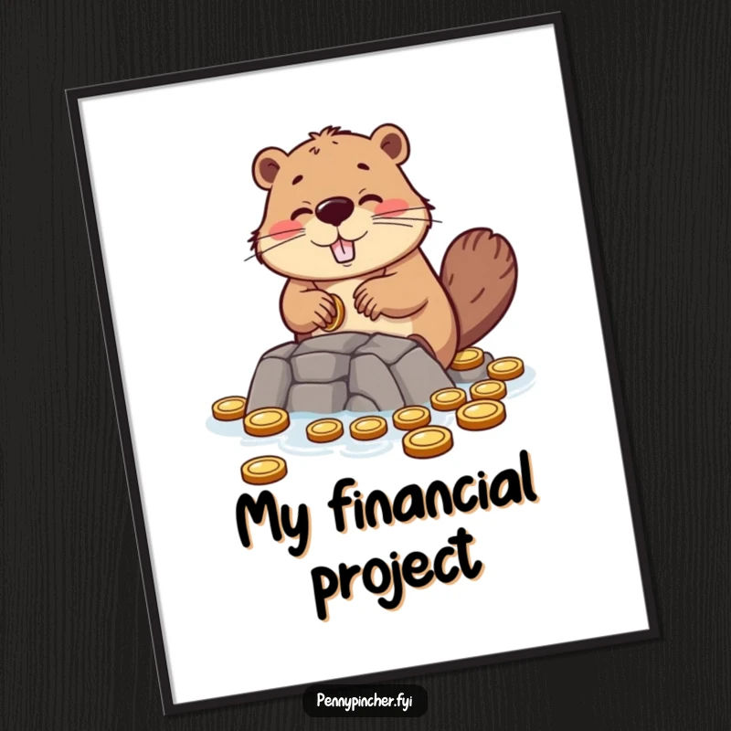 Funny poster print of a hopeful beaver character building a dam using small coins, representing dedication and resourcefulness.