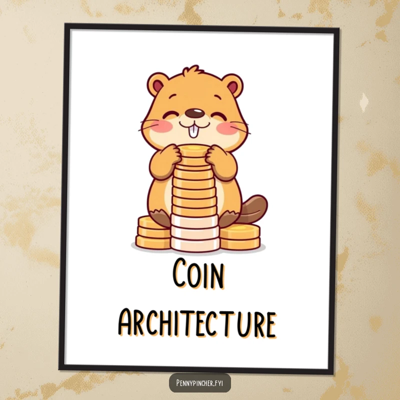 Funny beaver poster depicting a diligent beaver meticulously stacking shiny coins into a tower, adding a humorous and industrious vibe.