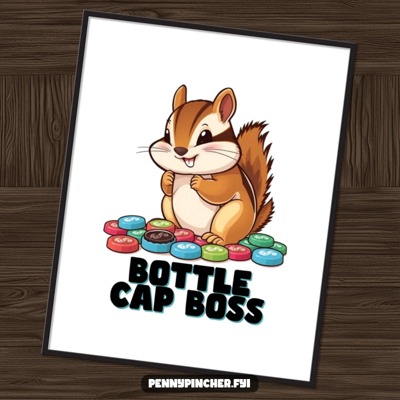 Funny chipmunk poster, intently focused on arranging a pile of colorful bottle caps, portraying a humorous dedication to collecting.