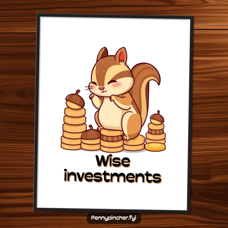 Funny chipmunk character poster, diligently stacking acorns resembling coins, conveying a humorous message about saving and effort.