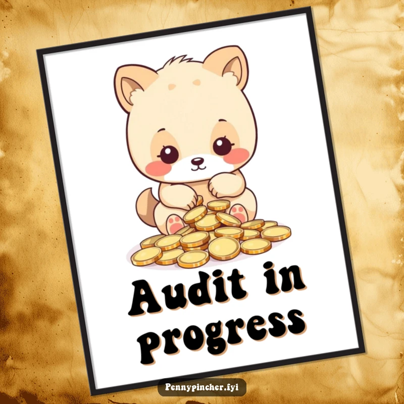 Funny poster, animal character meticulously counting shiny coins, a humorous illustration of financial focus and precision for wall art.