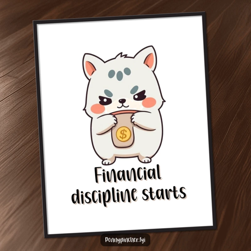 Funny poster, cute determined animal character tightly gripping a coin purse, a humorous depiction of financial discipline for wall art.