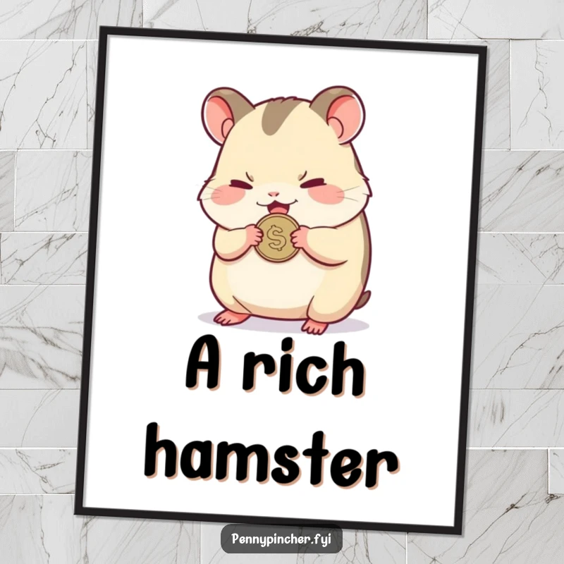Funny poster featuring a small hamster character nervously clutching a single shiny coin, with a determined yet anxious expression.