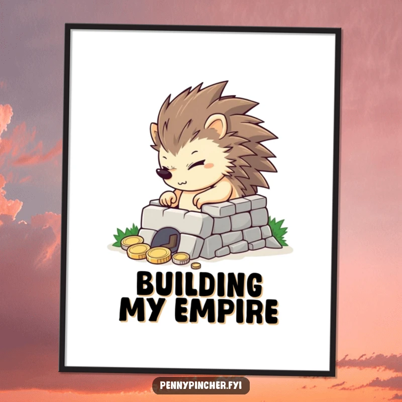 Funny determined hedgehog building a small coin fortress, inspiring wall art for savers and protectors.