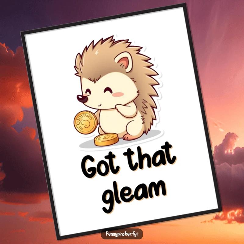 Funny hedgehog poster depicting a proud hedgehog character meticulously shining a small, glittery coin, adding humor to any wall.