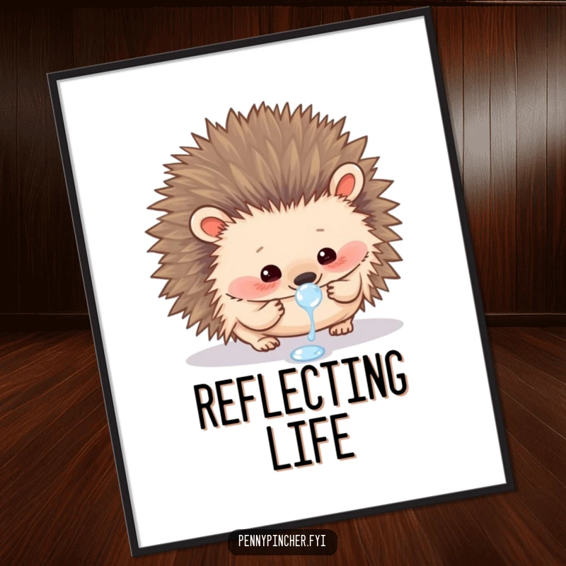 Funny poster print of a curious hedgehog carefully examining a single, perfect dewdrop against a soft background.