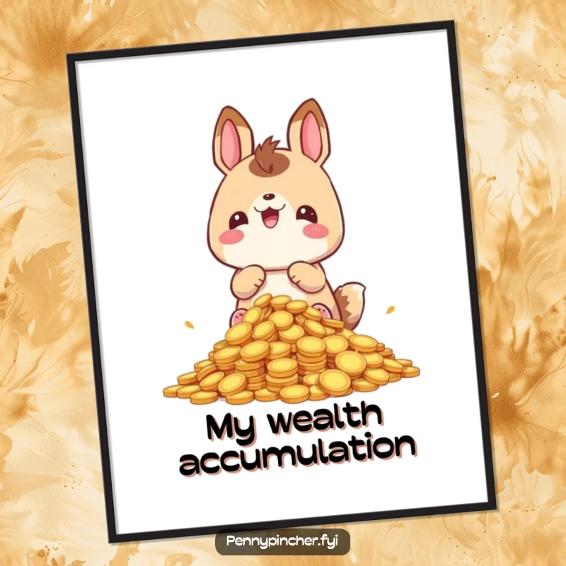 Funny hoarding animal poster, beaming with pride over a massive coin collection, a humorous and decorative artwork.