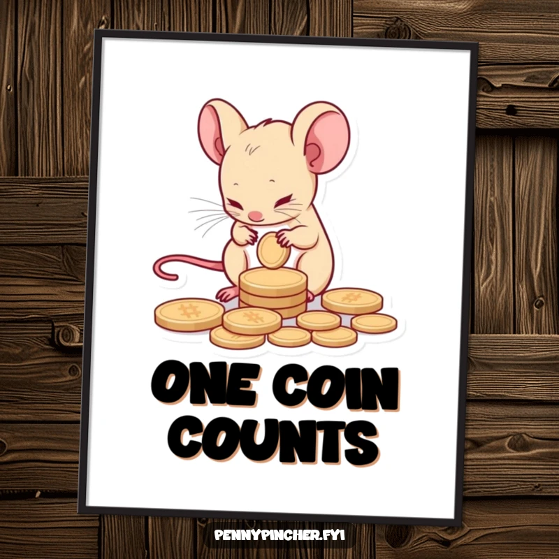 Funny poster print of a tiny mouse character meticulously counting a single coin, conveying relatable financial humor.