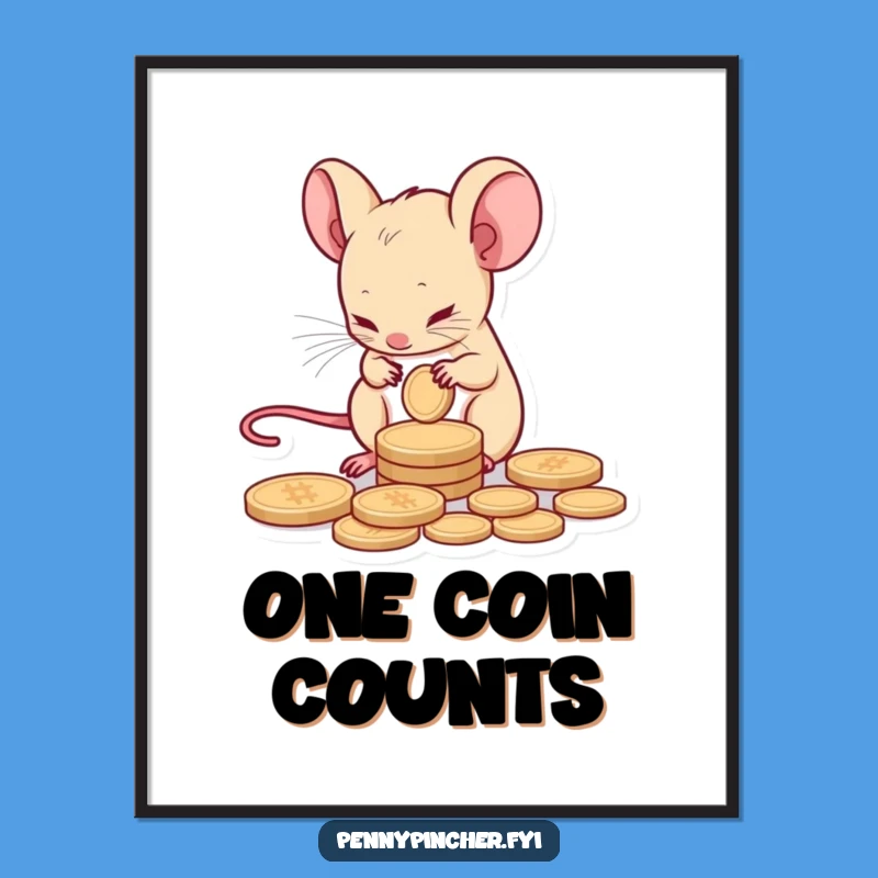 Funny Mouse Poster: Tiny Saver Counts Coin Art for Humorous Decor