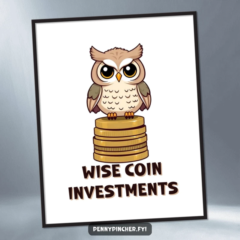 Funny poster of a watchful owl character perched on a stack of antique coins, adding a touch of historical charm.