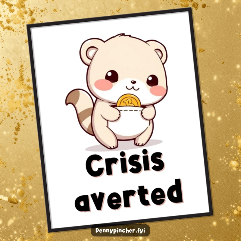 Funny Poster of a happy, relieved animal character looking directly at the viewer, having just found a coin in its pocket, expressing delight.