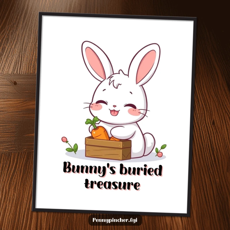 Funny poster illustration of a giggling rabbit concealing a carrot within a miniature treasure chest, evoking a sense of playful secrecy.