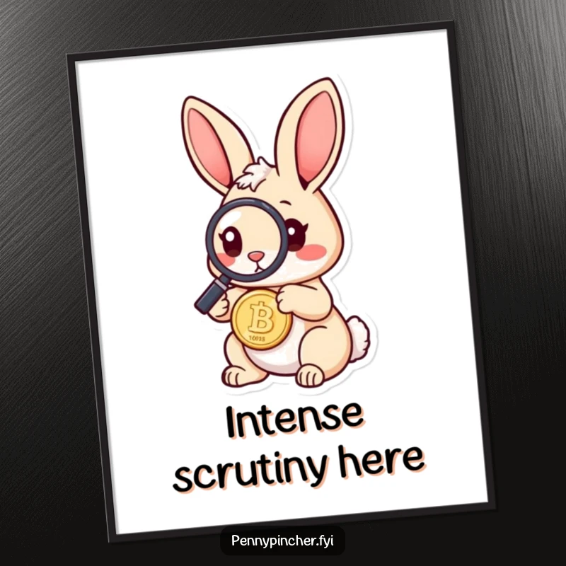 Funny rabbit poster depicting a curious rabbit wearing a magnifying glass, inspecting a coin, adding a humorous and investigative vibe.