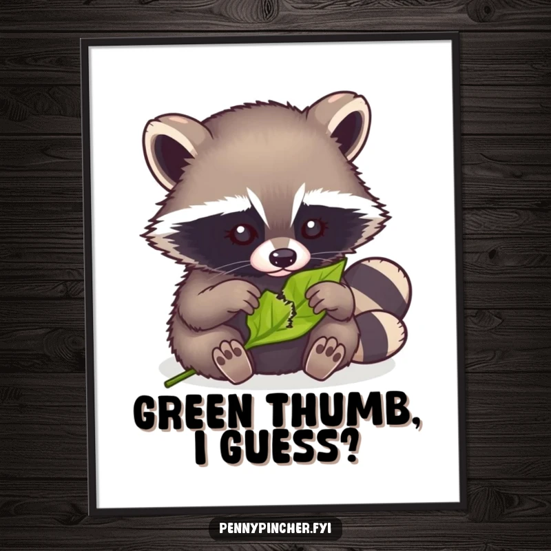 Funny poster illustrating a clever raccoon meticulously mending a tiny torn leaf, showcasing its fine motor skills.