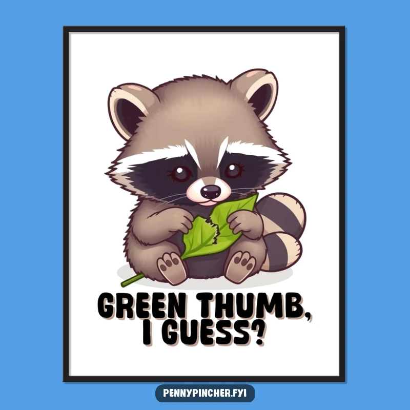 Funny Raccoon Mending Poster: Art featuring a raccoon fixing a leaf, a funny gift for home decor.