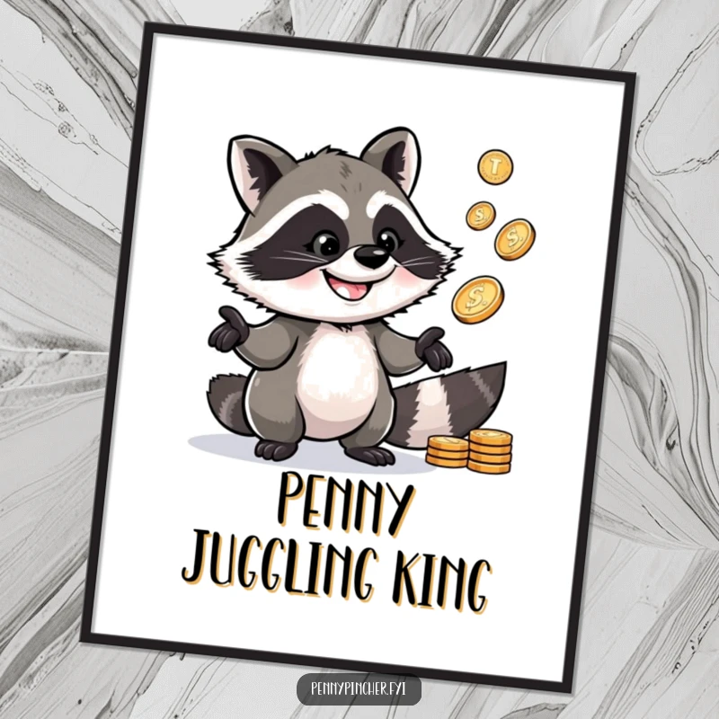 Funny Raccoon Poster: A clever raccoon character grinning while skillfully juggling a handful of shiny pennies.