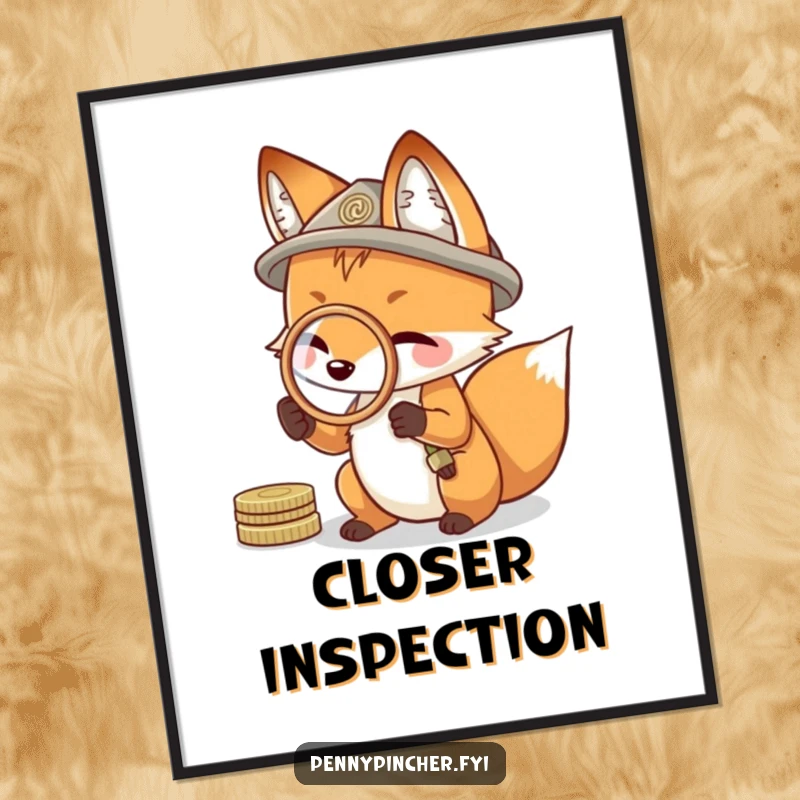 Funny poster art of a resourceful fox peering through a coin held like a magnifying glass, highlighting cleverness.