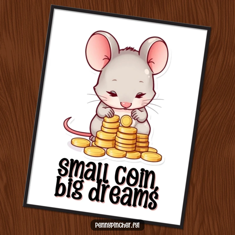 Funny poster depicting a shy mouse character carefully counting a small pile of coins, highlighting a humorous, meticulous, and slightly anxious personality.