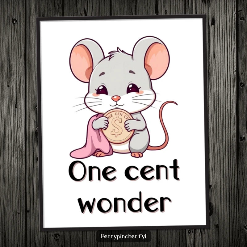 Funny smug mouse character poster, polishing a single cent with a cloth, exuding wealth and humor.